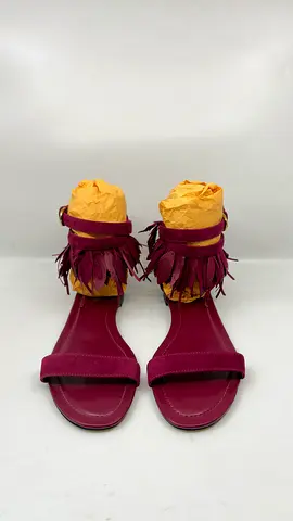 Tods Deep Magenta Suede Leaves Fringe Ankle-Strap Flat Sandals - Size 38.5