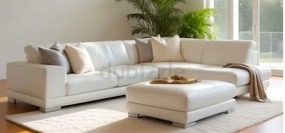 Modern White Leather 4 seater Sofa with Ottoman