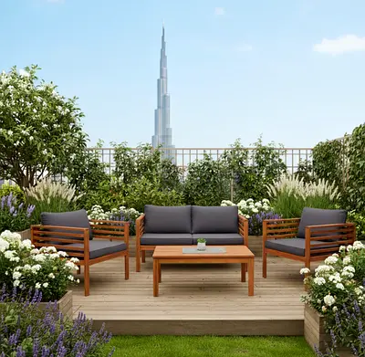 Wooden Outdoor Sofa Set with Cushions  Coffee Table