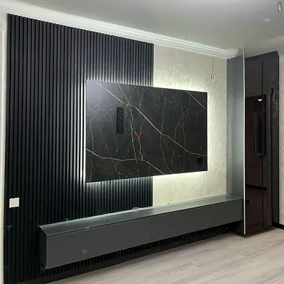 Midnight Marble  Charcoal Slatted TV Wall