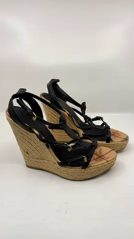 Burberry Beige/Black Leather and Haymarket Check Coated Canvas Espadrille Wedge Sandals - Size 41