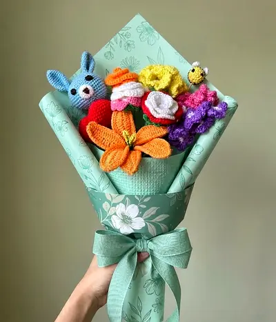 Handmade Flower Bouquet with Crochet Animals