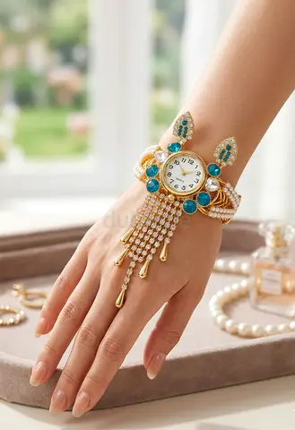 Luxury Gold Women Bracelet Watch with Blue Crystal Stones – Elegant Design