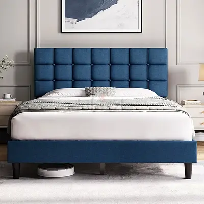 Navy blue deep stitching king platform bed