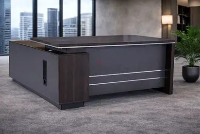 Modern Grey Walnut Executive Office Desk with Storage Cabinet – Wooden Manager Workstation Table