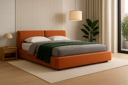 New Modern Bed Frame in Orange with Cozy Bedding