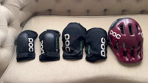 POC Helmet.  POC Knee and Elbow Protection. Mountain Bike Safety Equipment.