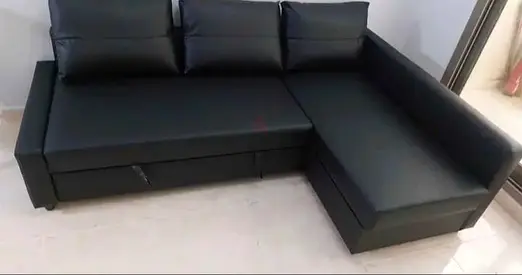 Black Leather Corner Sofa with Storage