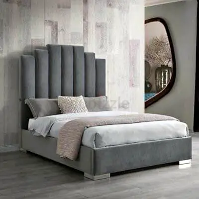 Stylish Gray Upholstered Bed with Modern Headboard