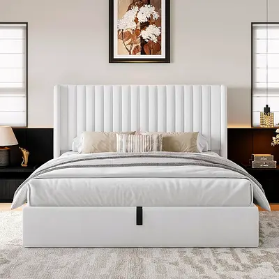 Straight channel headboard queen white linen storage bed