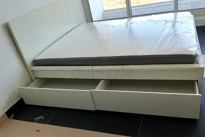 IKEA Malam queen bed frame with 2 storage drawers underneath and with IKEA mattress 160×200cm