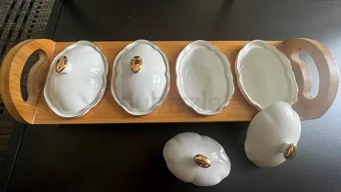 5ps Porcelain Serving Set with Wooden Tray by PAN Emirates
