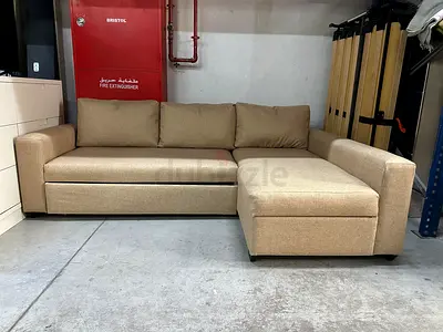 First rating: One L-shaped sofa bed with storage – soft grey fabric, solid hardwood frame, pull-out