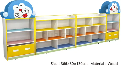 Colorful Wooden Toy Organizer with Character Design, Doraemon kids shelf furniture, school furniture
