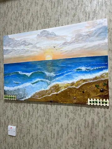 لوحة فنية مرسومة يدويًا – منظر بحر مع غروب جميل