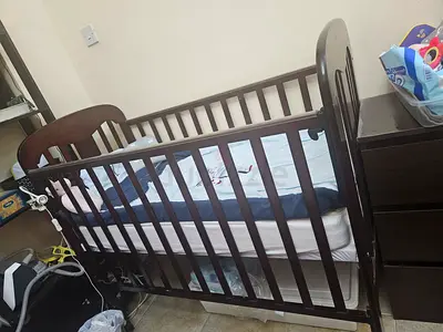 Wooden Crib for Sale Along with Mattress and bedding
