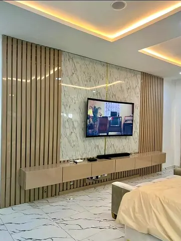 Modern Minimalist Marble  Fluted Panel Media Wall