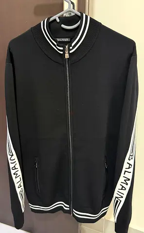 New Balmain Black  White Striped Sequin Jacket large size