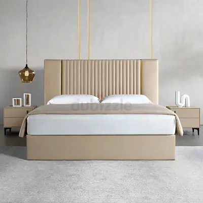 Stylish Beige Bed with Headboard and Nightstands