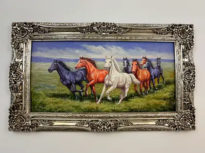 Champagne Ornate Vintage Luxurious Framed Hand-Painting of Galloping Horses