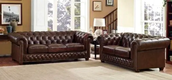 Elegant Brown Leather Chesterfield Sofa Set