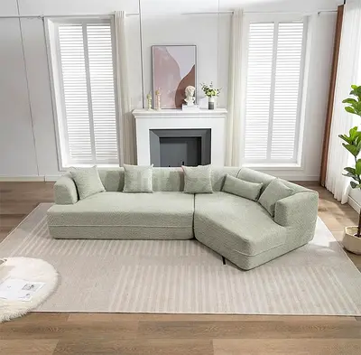 Light green boucle L shaped sectional sofa