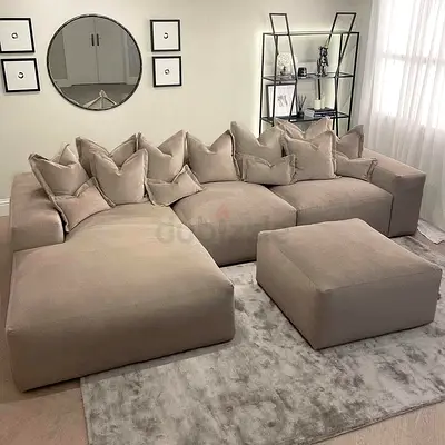 Cozy Beige Sectional Sofa with Ottoman | 5 seater sofa