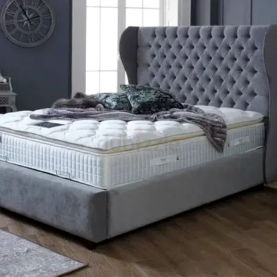 Stylish Grey Upholstered Bed Frame with Mattress