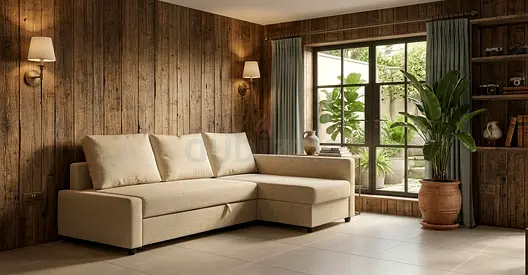 Beige L-Shape Sofa Cum Bed – Multi-purpose sofa, large storage box, neat and well maintained.