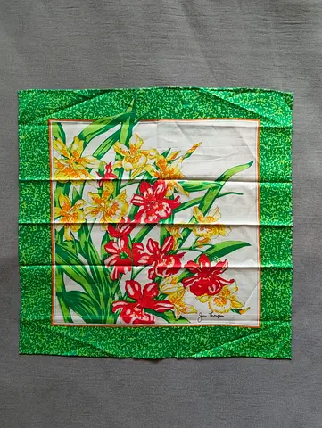 Jim Thompson Fabric Silk Scarf Green Floral Orchid Print Square Vintage