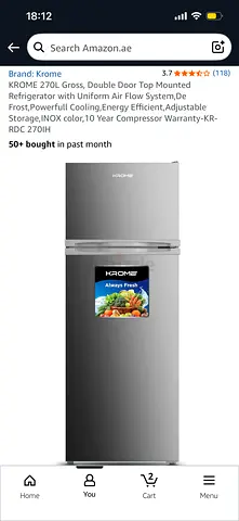 Krome 270L Gross Double Door Top Mounted Refrigerator