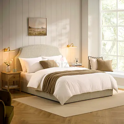 Curved Headboard stripped fabric double ottoman bed