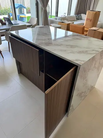 Custom Made MDF Kitchen Island with Marble-Effect Top and Fluted Panel Front