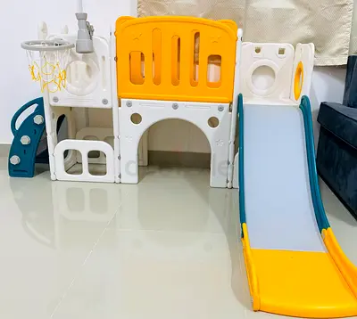 TWIN TOWER PLAYHOUSE WITH SLIDE-Basketball Hoop, Cream/Yellow/Green - Durable Indoor and Outdoor