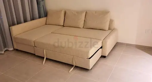 into bed, good condition. Beige Color L-Shape Sofa Bed – With storage space, strong frame, soft cush