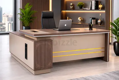 Modern Grey Khaki Office Desk with Side Storage Drawers – Wooden Office Table for Workspaces