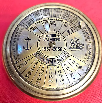 BEAUTIFUL RARE VINTAGE BRASS 100 YEARS CALENDER WITH COMPASS FROM LONDON FOR SALE