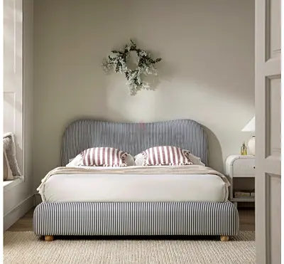 Gray ribbed fabric curved backrest queen storage bed