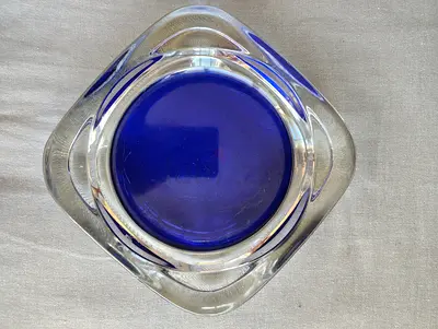 Pierre Cardin Cobalt Blue Art Glass Crystal Ashtray Bowl Large Vintage