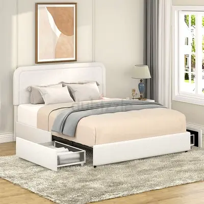 Ivory boucle 2 drawers double bed