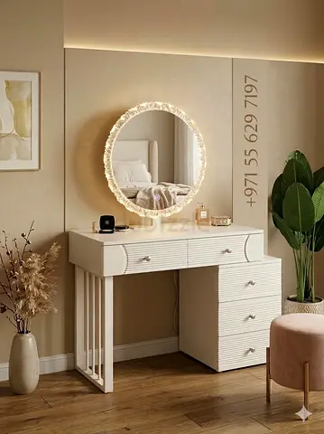 Stylish Modern Dressing Table with Circular three colors led Mirror