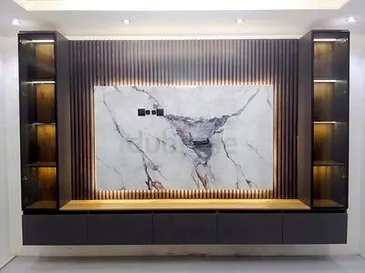 Modern Marble  Fluted Wood Media Wall