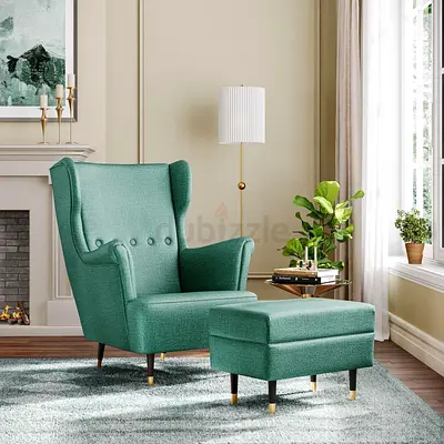 Stylish Green Accent Chair with Ottoman