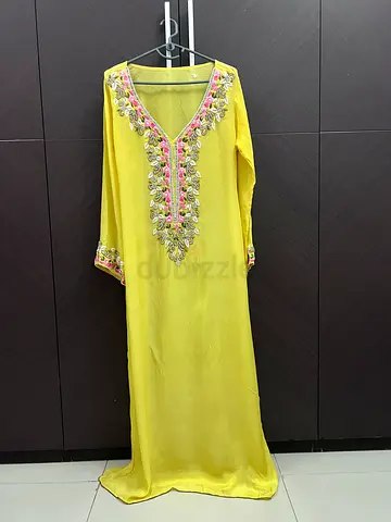 Yellow Embroidered Kaftan Dress (size medium to large) length 56 inches Very pretty