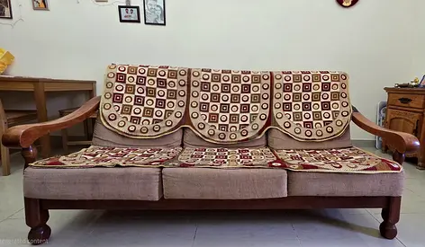 Wooden 3 seater sofa with cushions and cover