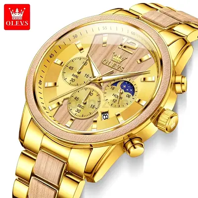 Elegant OLEVS Gold Watch with Wooden Dial