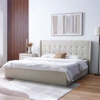Biege Linen winged headboard king bed frame