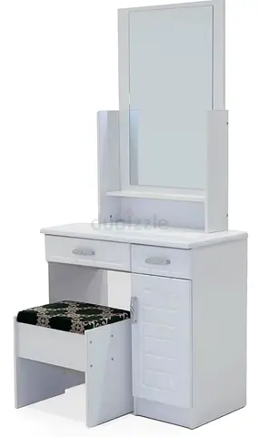 Elegant White Vanity Table with Mirror and Stool