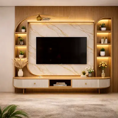 Luxury Marble  Oak Curved Media Wall