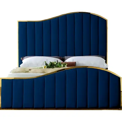 Stylish Blue Upholstered Bed with Unique Headboard